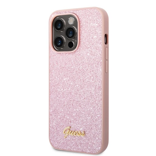 Apple iPhone 14 Pro Guess Glitter Flakes Metal Logo puzdro (Ružový) - GUHCP14LHGGSHP