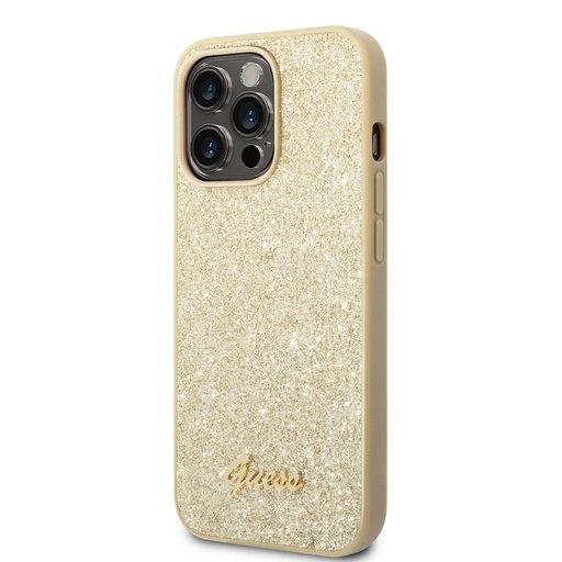 Apple iPhone 14 Pro Max Guess Glitter Flakes Metal Logo puzdro (Zlatý) - GUHCP14XHGGSHD