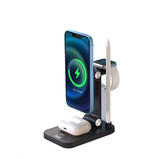 XO TK23 digitálny s displejom magnetický 4 az 1-ben nabíjačka (Čierny) – 15W k telefónu, 5W k slúchadlám, 2.5W k inteligentným hodinkám, 2W kapacitný