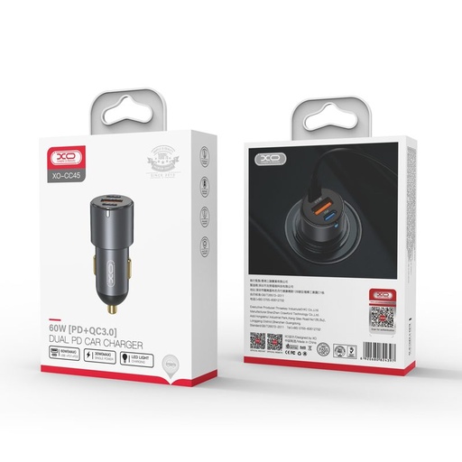 XO CC45 do auta rýchlonabíjačka 2 PD + QC 3.0 s konektorom lightning s káblom, čierno-biely