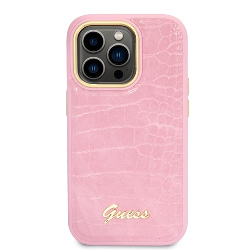 Apple iPhone 14 Pro Max Guess PU Croco puzdro kov kamera s rámom (Ružový) - GUHCP14XHGCRHP