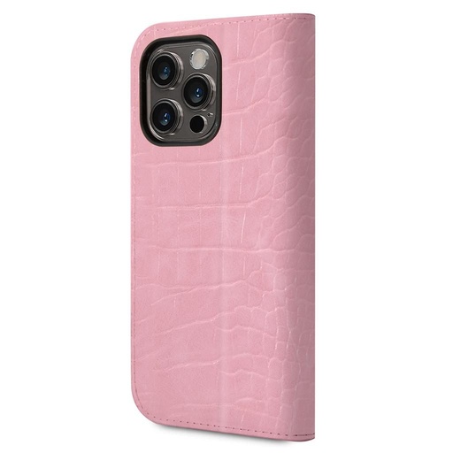 Apple iPhone 14 Pro Max Guess PU Croco puzdro knižný formát kov kamera s rámom (Ružový) - GUBKP14XHGCRHP