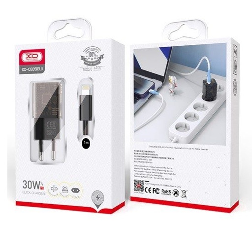 XO CE05 PD 30W rýchlonabíjačka (Hnedý) – PD 30W + QC 3.0 18W, USB-A + USB-C konektor, Lightning s káblom