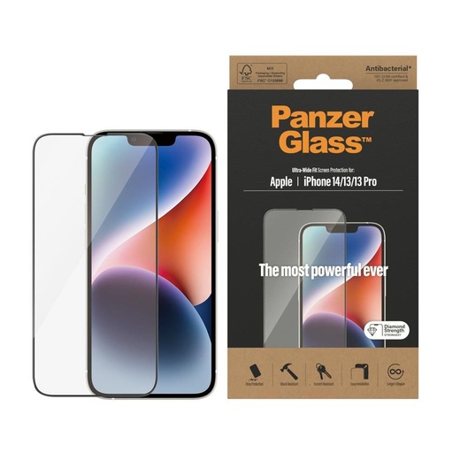 Apple iPhone 13 / 13 Pro / 14 / 16e PanzerGlass ultra wide fit prémiový ochranné sklo (Priehľadný)
