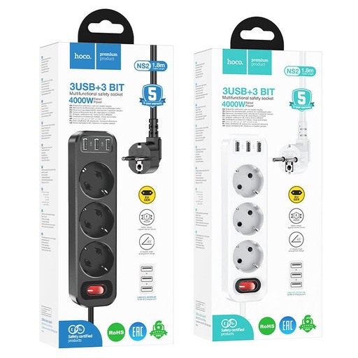 Hoco NS2 veľký s výkonom predlžovací zásuvka, 3 zásuvka + 3 * USB 5V / 2.4A výstup biely