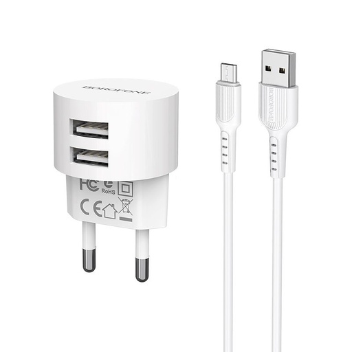 Borofone BA23A sieťový nabíjačka (2 USB port, microUSB kábel), 5V 2,4A, biely