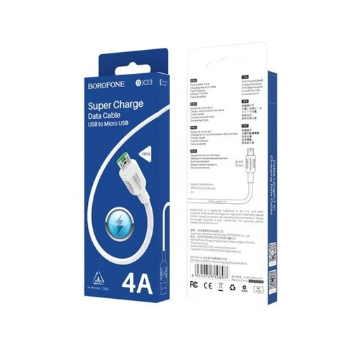 Borofone BX33 microUSB kábel (rýchlonabíjačka), 4A, 1,2m, biely