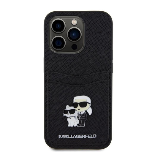 Apple iPhone 15 Pro Karl Lagerfeld PU Saffiano Card Slot Metal Karl and Choupette puzdro (Čierny) – KLHCP15LSAPKCNPK