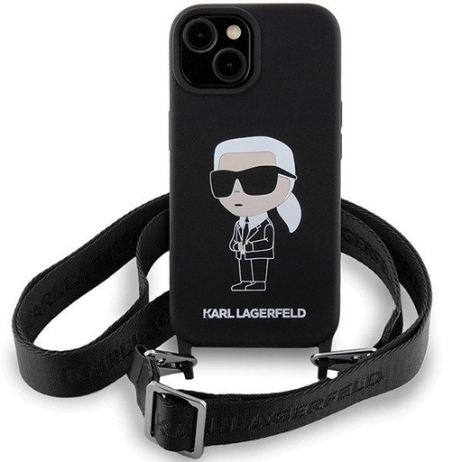 Apple iPhone 15 (Čierny) Karl Lagerfeld Crossbody Silicone Ikonický puzdro - KLHCP15SSCBSKNK