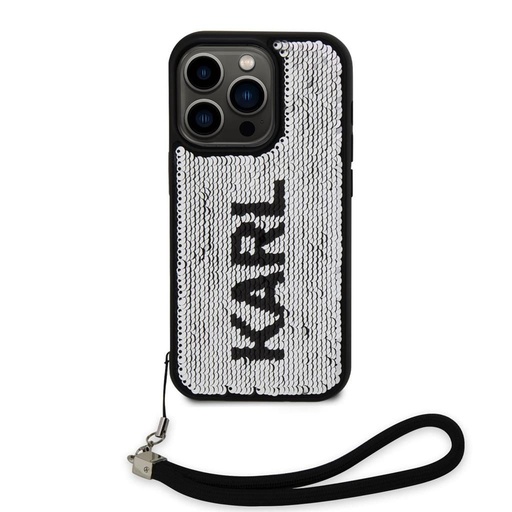 Apple iPhone 15 Pro Karl Lagerfeld Sequins Reversible puzdro (Čierny/Strieborný) – KLHCP15LPSQRKS