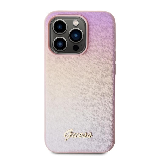 Apple iPhone 15 Pro Guess PU Leather Iridescent Metal Script puzdro (Ružový) - GUHCP15LPSAIRSP