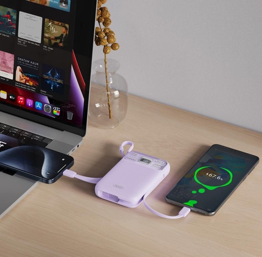 XO PR243 power bank 10000 mAh (Fialový) – rýchle nabíjanie 22.5W, digitálny displej, USB-C a Lightning kábel