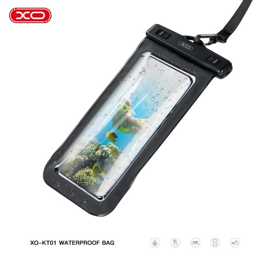XO KT01 PVC vodotesný puzdro na telefón otváracie ablakkal a s popruhom na krk (Čierny)