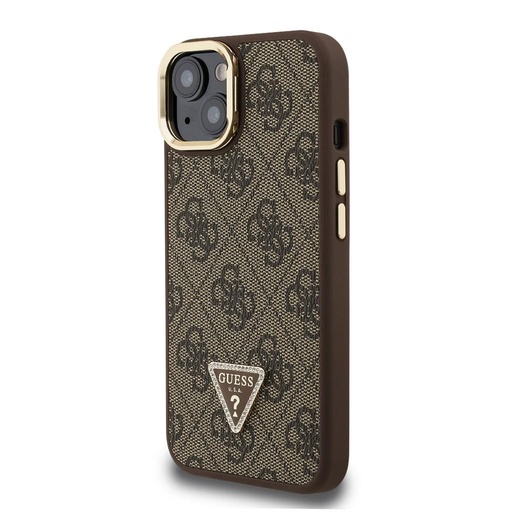 Apple iPhone 15 Guess PU 4G Strass Triangle Logo Stand Camera Frame MagSafe puzdro (Hnedý) - GUHMP15SPCS4GPTW