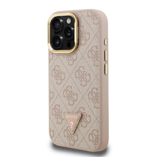 Apple iPhone 15 Pro Guess PU 4G Strass Triangle Logo Stand Camera Frame MagSafe puzdro (Ružový) - GUHMP15LPCS4GPTP