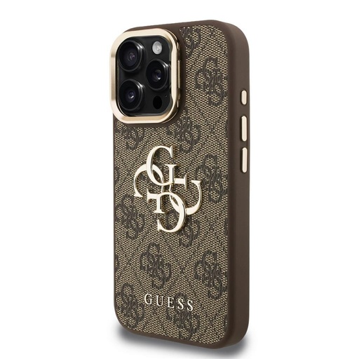 Apple iPhone 15 Pro Guess PU 4G Metal Logo Stand Camera Frame puzdro (Hnedý) - GUHCP15LPCS4GP4W