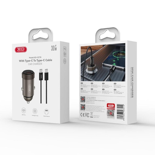 XO CC70 do auta nabíjačka PD 30W 1×USB-C + USB-C – USB-C kábel (Čierny)