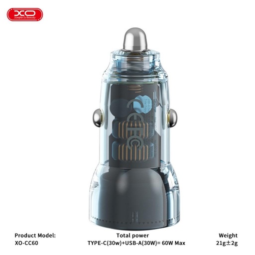 XO CC60 do auta nabíjačka 60W 1×USB + 1×USB-C (Modrý)