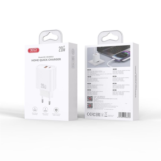 XO CE40(EU) sieťový rýchlonabíjačka (Biely) - 20W, 1xUSB-A + 1xUSB-C
