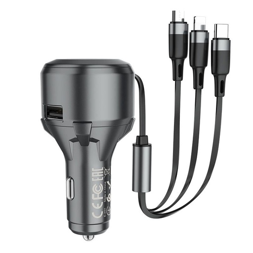 Hoco S27 do auta nabíjačka (type-C + lightning + microUSB kábel), 5V 4.8A, zasúvací kábel, sivý