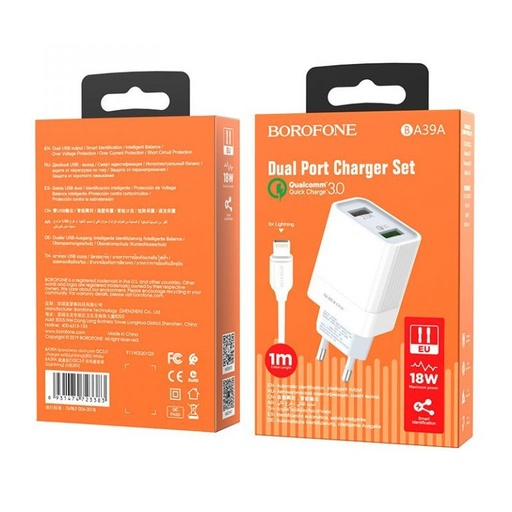 Borofone BA39A sieťový rýchlonabíjačka (QC + PD konektor), PD lightning kábel, QC 3.0, 18W, biely
