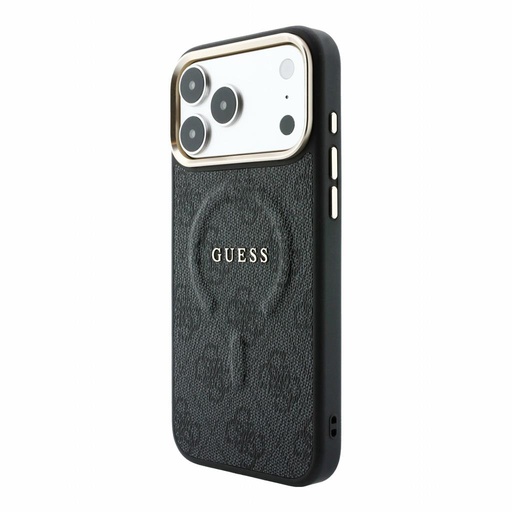 Apple iPhone 18 Pro Max Guess Leather 4G Zlatý Frame Embossed MagSafe koža ochranné puzdro (Čierny) (GUHMP18XP4MSEGCK)