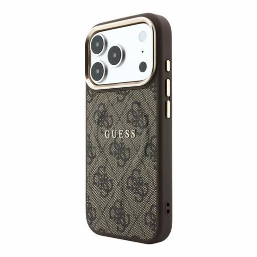 Apple iPhone 18 Pro Max Guess Leather 4G Zlatý Frame Embossed MagSafe koža ochranné puzdro (Hnedý) (GUHMP18XP4MSEGCW)