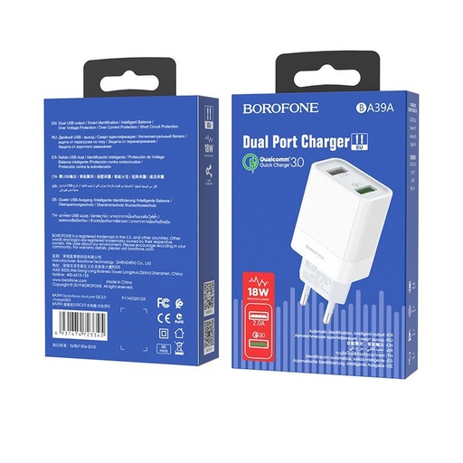Borofone BA39A sieťový rýchlonabíjačka (2 USB port, microUSB kábel), QC 3.0, max. 18W, biely