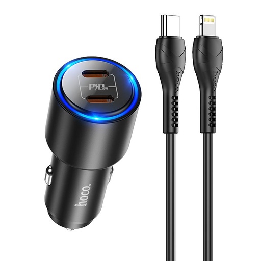 Hoco NZ3 PD 3.0 do auta rýchlonabíjačka ( 2 USB-C port, lightning kábel), PD 40W, čierny