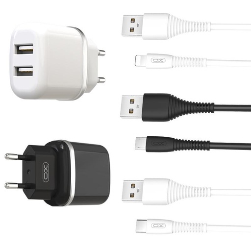 XO L69 2.4A nabíjačka (Čierny) – dvojitý USB konektor, Type-C s káblom