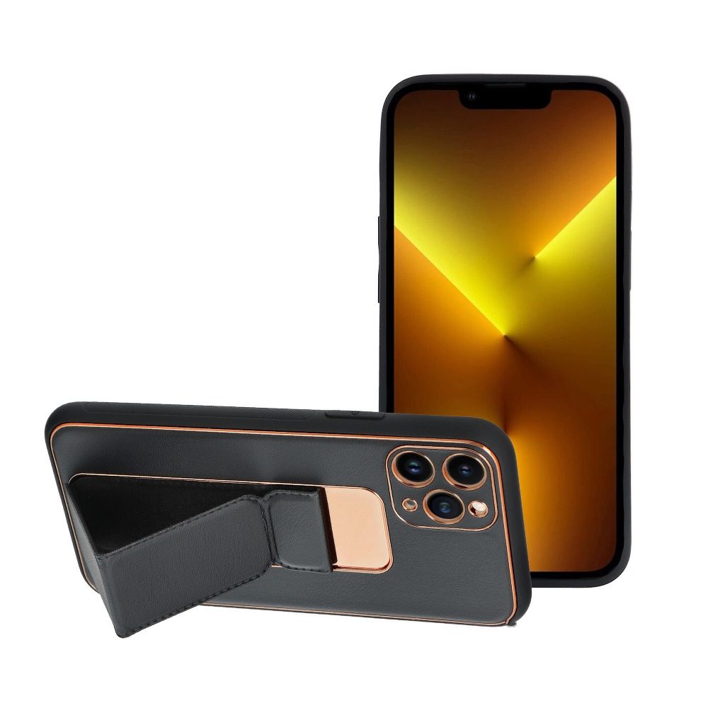 Apple iPhone 13 Pro Max bőr védőtok kihúzható állvánnyal, mágneses autós tartó kompatibilis (Fekete)