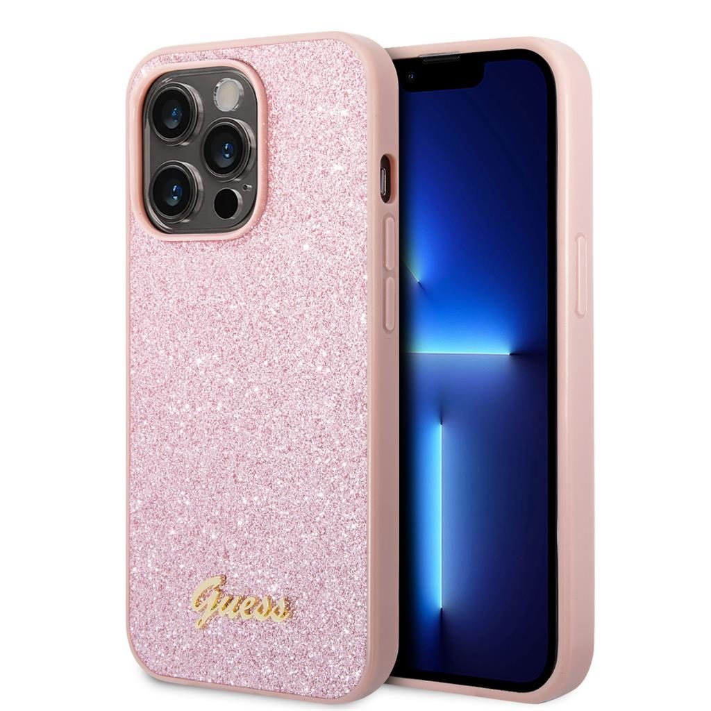 Apple iPhone 14 Pro Guess Glitter Flakes Metal Logo tok (Rózsaszín) - GUHCP14LHGGSHP