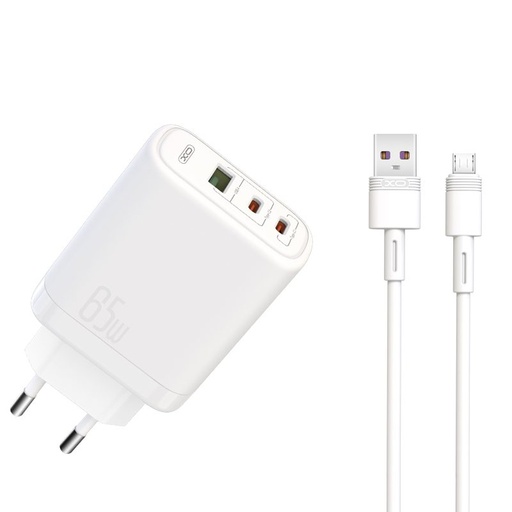 XO CE04 rýchlonabíjačka max. 65W (Biely) – USB-C PD + USB-A QC, Type-C s káblom