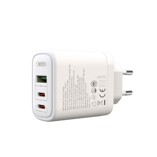 XO CE04 rýchlonabíjačka max. 65W (Biely) – USB-C PD + USB-A QC