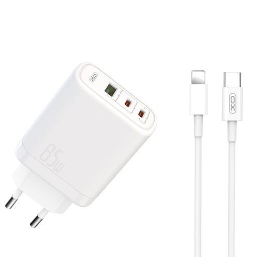 XO CE04 rýchlonabíjačka max. 65W (Biely) – USB-C PD + USB-A QC, micro USB s káblom