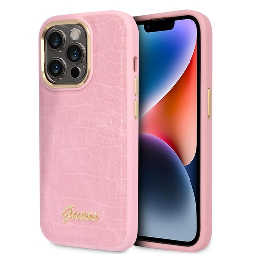 Apple iPhone 14 Pro Max Guess PU Croco puzdro kov kamera s rámom (Ružový) - GUHCP14XHGCRHP