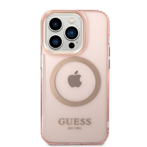 Apple iPhone 14 Pro Guess priesvitný MagSafe puzdro (Ružový) – GUHMP14LHTCMP