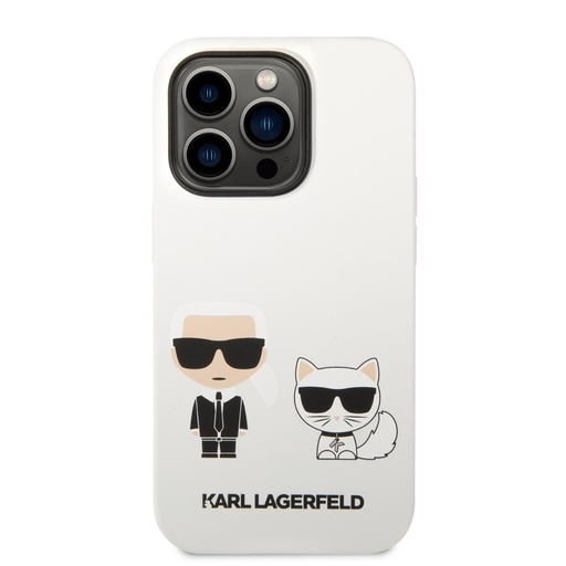 Apple iPhone 14 Pro Karl Lagerfeld & Choupette tekutý silikónové puzdro (Biely) – KLHCP14LSSKCW