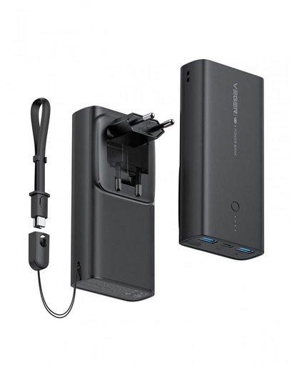 VEGER ACE100 power bank a nástenný nabíjačka egybe - 10000mAH - led indikátor nabíjania, pd 20w nabíjací výkon čierny