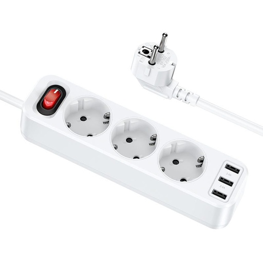 Hoco NS2 veľký s výkonom predlžovací zásuvka, 3 zásuvka + 3 * USB 5V / 2.4A výstup biely