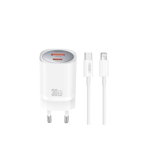 XO CE21 30W GaN rýchlonabíjačka (Biely) – PD 30W, USB-C + USB-A konektor, Lightning s káblom