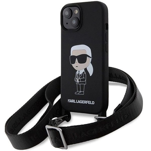 Apple iPhone 15 (Čierny) Karl Lagerfeld Crossbody Silicone Ikonický puzdro - KLHCP15SSCBSKNK