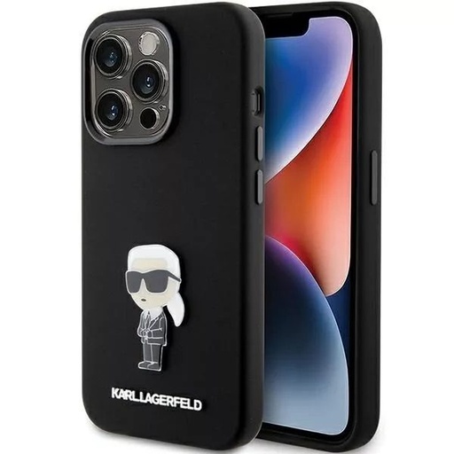 Apple iPhone 15 Pro Karl Lagerfeld Silicone Ikonický Metal Pin zadný kryt (Čierny - KLHCP15LSMHHKNPK)