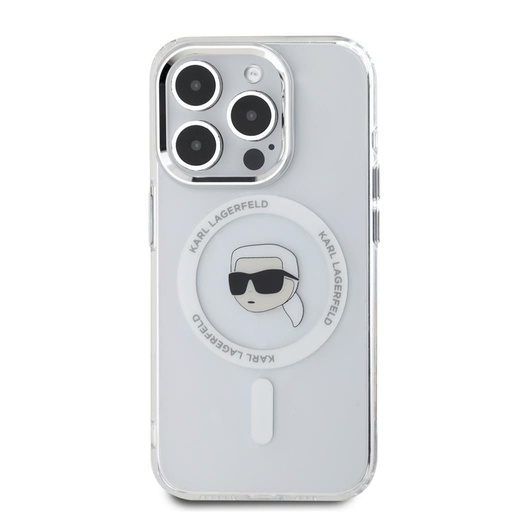 Apple iPhone 15 Pro Karl Lagerfeld IML Karl Head Metal Frame MagSafe puzdro (Priehľadný) – KLHMP15LHLSKIH