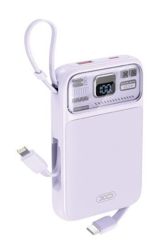 XO PR243 power bank 10000 mAh (Fialový) – rýchle nabíjanie 22.5W, digitálny displej, USB-C a Lightning kábel