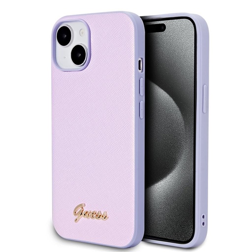 Apple iPhone 15 Guess PU Leather Iridescent Metal Script puzdro (Fialový) - GUHCP15SPSAIRSU