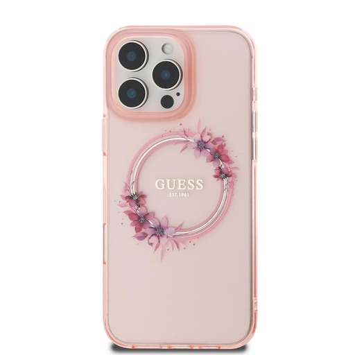 Apple iPhone 16 Pro Guess IML Flowers Ring MagSafe puzdro (Ružový) - GUHMP16LHFWFCP
