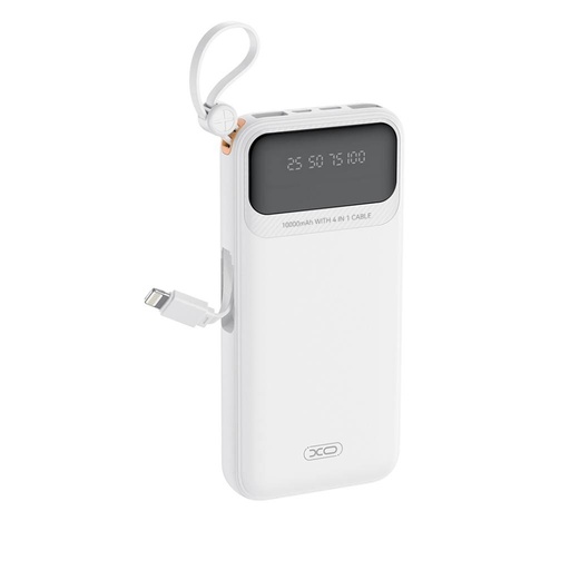 XO PR278 power bank 10000 mAh (Biely) – digitálny displej, 4 vstavaný kábel (USB-A, USB-C, MicroUSB, Lightning)