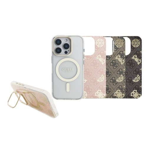 Apple iPhone 16 Pro Max Guess PC/TPU Electroplated Stand Camera Frame MagSafe puzdro vymeniteľný so zadným krytom (Priehľadný) - GUBPSBHMP16X