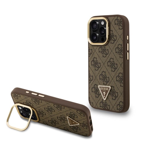 Apple iPhone 15 Pro Max Guess PU 4G Strass Triangle Logo Stand Camera Frame MagSafe puzdro (Hnedý) - GUHMP15XPCS4GPTW